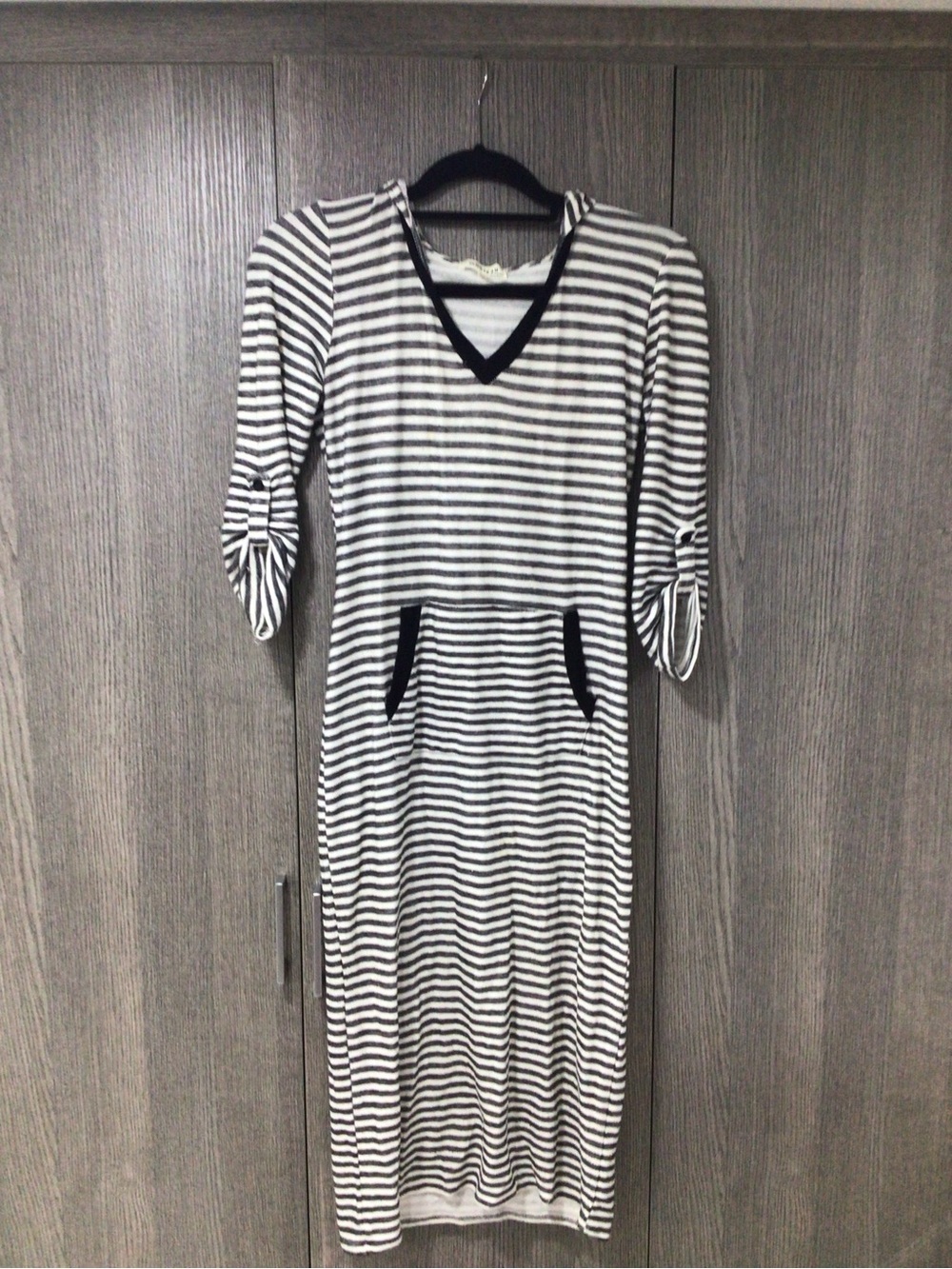 Monteau Black & White Striped V-Neck Maxi Dress